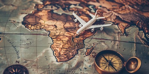 Fototapeta premium Travel Planning with Model Plane on Antique Map