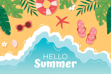 Vector summer beach with beach umbrellas, waves, coconut tree and  inflatable circle, flip-flops, glasses, seashells. Inscription hello summer.