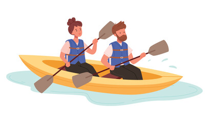 People enjoy active water sports vector illustration.Extreme man and woman rafting, kayaking, canoeing and sailing isolated. Diverse person in protective vest