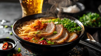 A bowl of delicious ramen with pork, noodles, and vegetables