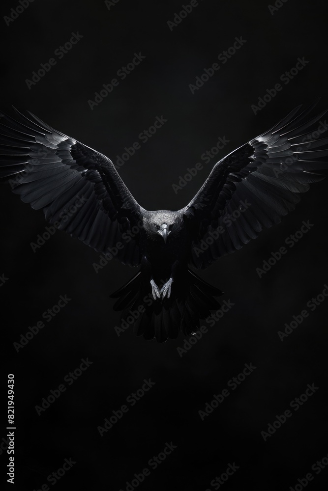 Poster a large black bird flying through the air. suitable for various projects