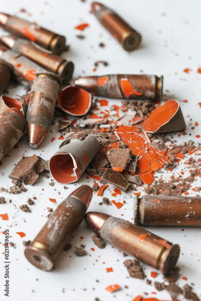 Poster Bullet shells arranged neatly on a wooden table. Suitable for military or crime scene concepts