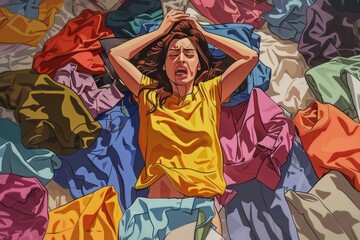 A woman laying in a pile of clothes, suitable for fashion or laundry concept