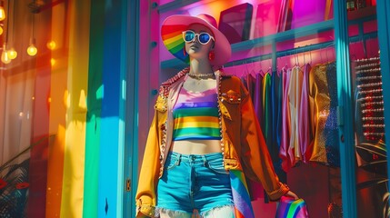 Obraz premium A stylish Pridethemed outfit display in a boutique window with rainbow accessories and decor