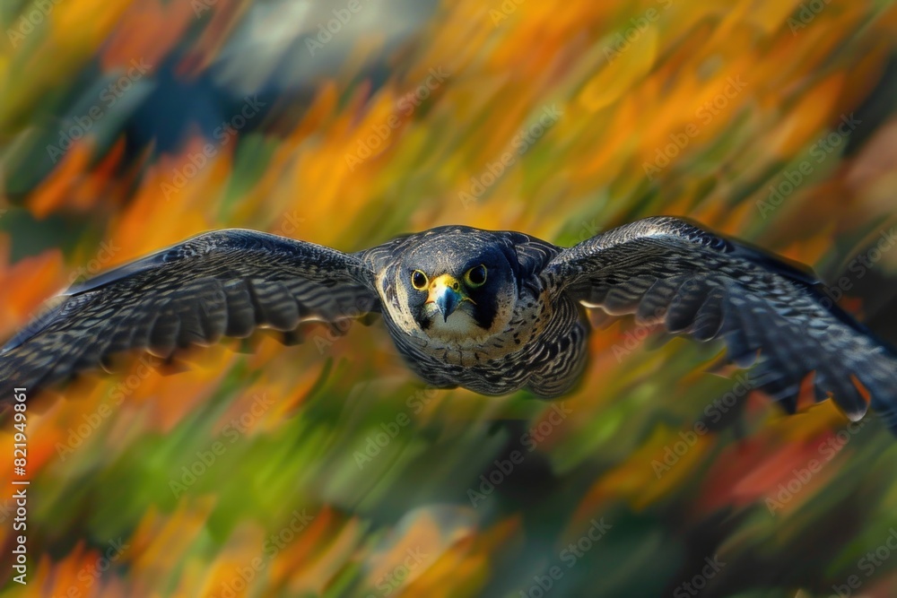 Poster a bird flying through the air with wings spread. suitable for nature and freedom concepts