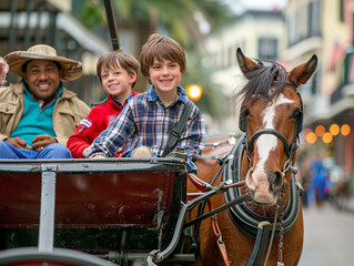A happy family enjoys a leisurely ride in a horsedrawn carriage on a sunny day.