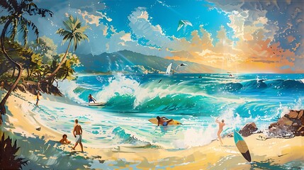 Vibrant beach scene with surfers riding waves and children playing in the sand, capturing the lively spirit of coastal living.
