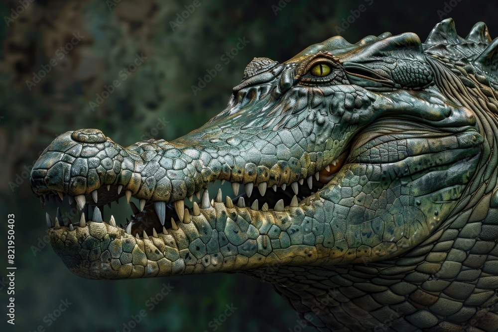 Poster close up of an alligator's head with its mouth open. suitable for wildlife and nature themes
