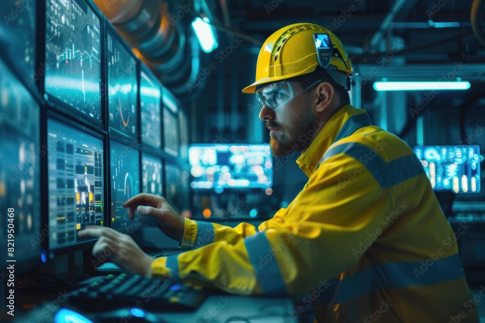 Poster a man wearing a hard hat working on a computer. suitable for construction or engineering projects