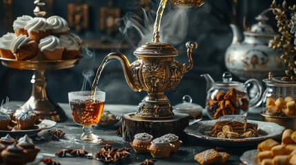 Fototapeta premium A lavish table set with a golden teapot, crystal glasses, and an assortment of pastries and sweets