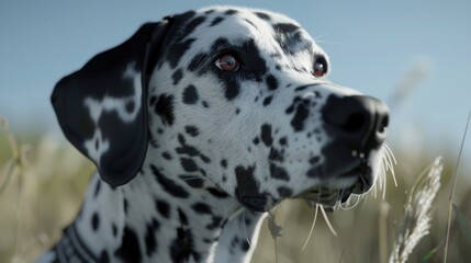 Naklejka premium Close-up of a dalmatian dog in a beautiful field. Perfect for pet lovers or animal-themed projects