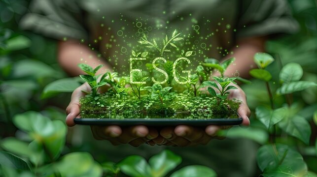 Businessman holds tablet with social governance message ESG and environmental icon holograms for climate change action. and the concept of sustainable living
