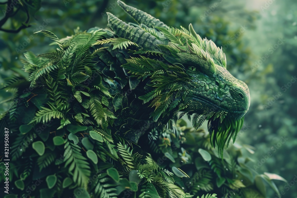 Poster a detailed image of a dragon's head in a forest. perfect for fantasy and mythical themes