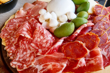 Delicious Italian Charcuterie Platter with Various Cured Meats, Mozzarella, and Olives for Gourmet Dining and Entertaining
