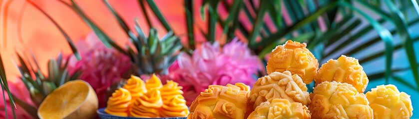 A vibrant Filipino bakery with a colorful selection of ensaymada and hopia, set against a festive backdrop with tropical decor