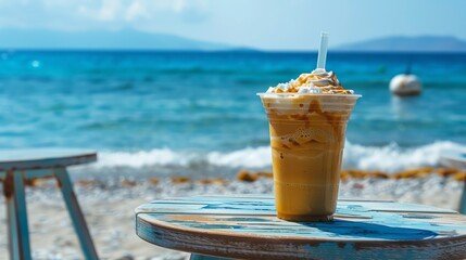 A delicious iced coffee, the perfect way to cool down on a hot summer day. Enjoy it on the beach, by the pool, or anywhere you like.