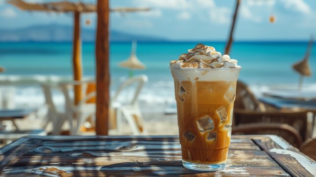 An iced coffee sits on a wooden table at a beachside cafe