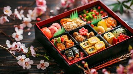 Fototapeta premium A vibrant Japanese bento box filled with assorted snacks, arranged on a traditional wooden table, with delicate cherry blossoms in the background
