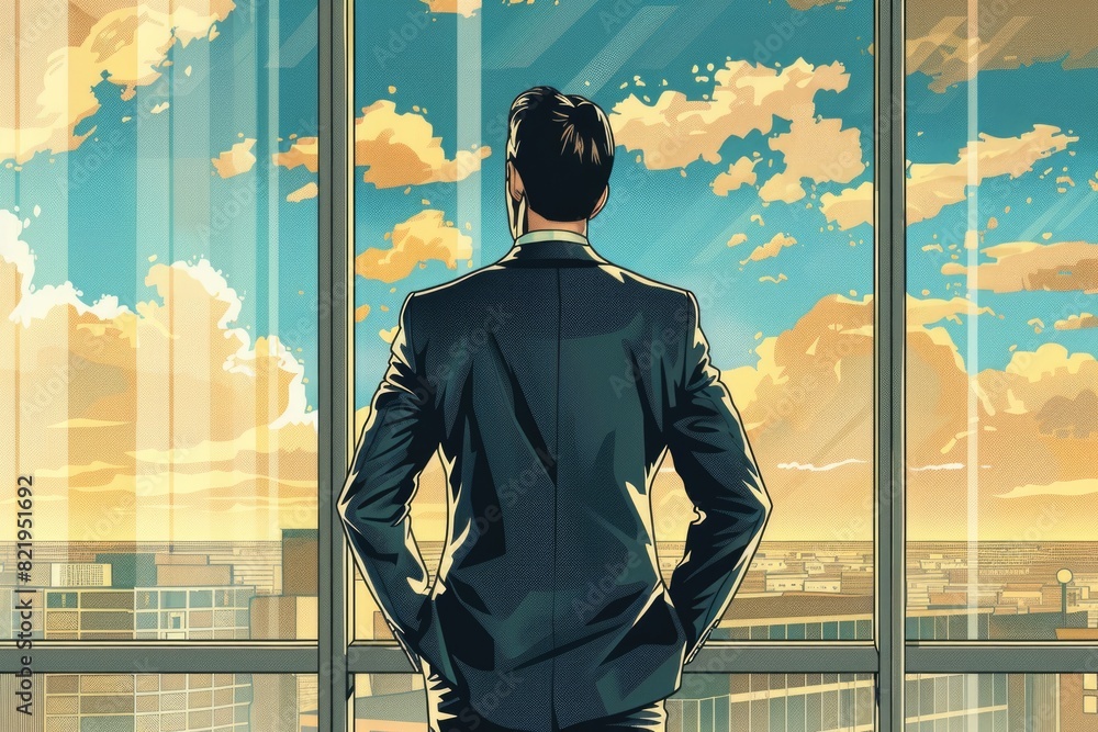 Poster A man in a suit standing by a window. Suitable for business concepts