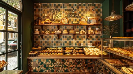 A vibrant Portuguese bakery with a display of pasteis de nata and other pastries, with traditional tiles and rustic decor