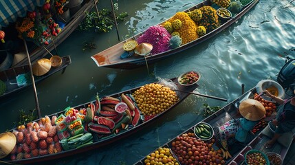 Fototapeta premium A vibrant scene of a floating market in Thailand, with vendors selling fresh fruits and Thai snacks from their boats