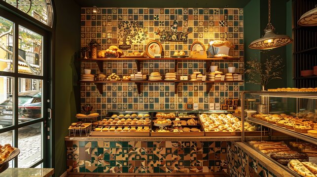 A vibrant Portuguese bakery with a display of pasteis de nata and other pastries, with traditional tiles and rustic decor