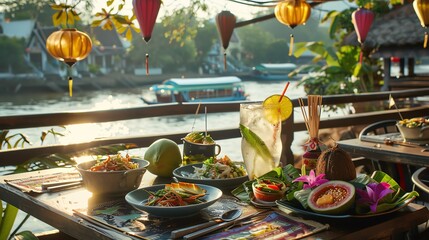 A vibrant scene of a Thai riverside restaurant with a table set with various Thai dishes and fresh coconut drinks, overlooking the water