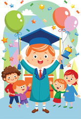 Fototapeta premium Kindergarten graduation. Flat illustration, vector illustration.