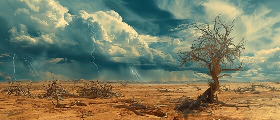 A barren dessert land with bunch of dark clouds in sky a deforestation or earth disaster scene with a big space for text or product, Generative AI.