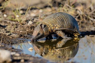 Obraz premium An armadillo drinking water from a puddle. Suitable for nature and wildlife themes