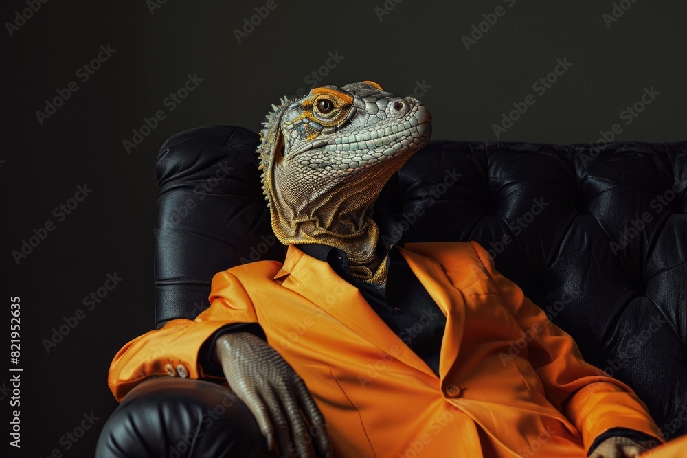 Poster a lizard in a suit and tie sitting in a chair. suitable for business concepts