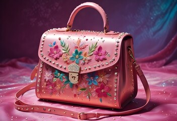 Luksusowa różowa torebka z naszytymi diamentami i haftem z elementami prawdziwego złota i kryształów i kwiecistych wzorów