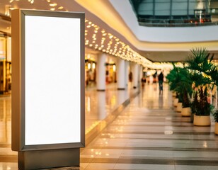 Mock up. Vertical advertising billboard, lightbox with empty digital screen in shopping center. Blank white poster advertising, public information board stands in walkway of shopping mall or airport