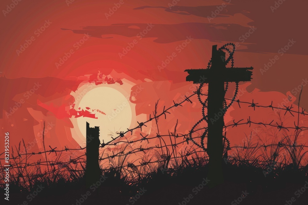 Poster sunset behind a barbed wire fence, suitable for concepts of freedom and confinement
