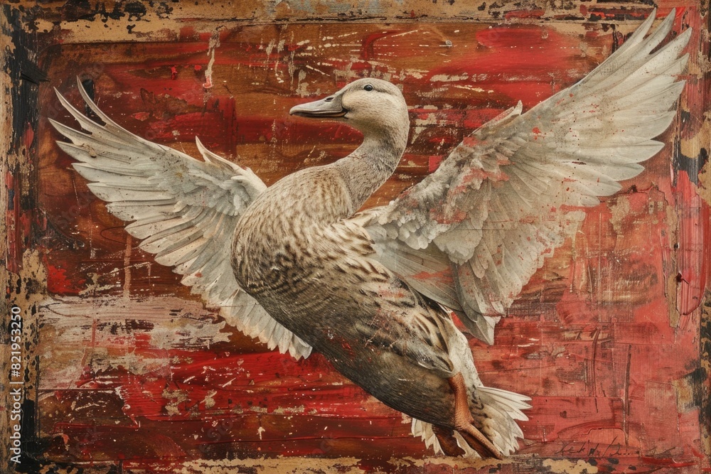 Poster a painting of a duck with its wings spread. suitable for nature and wildlife projects