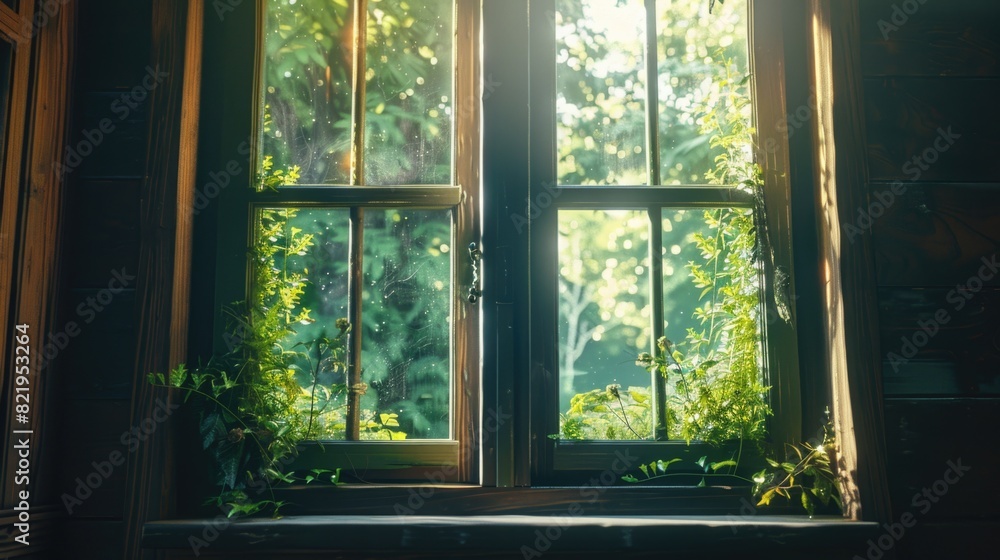 Poster a unique view of plants growing out of an open window. perfect for illustrating nature and urban liv