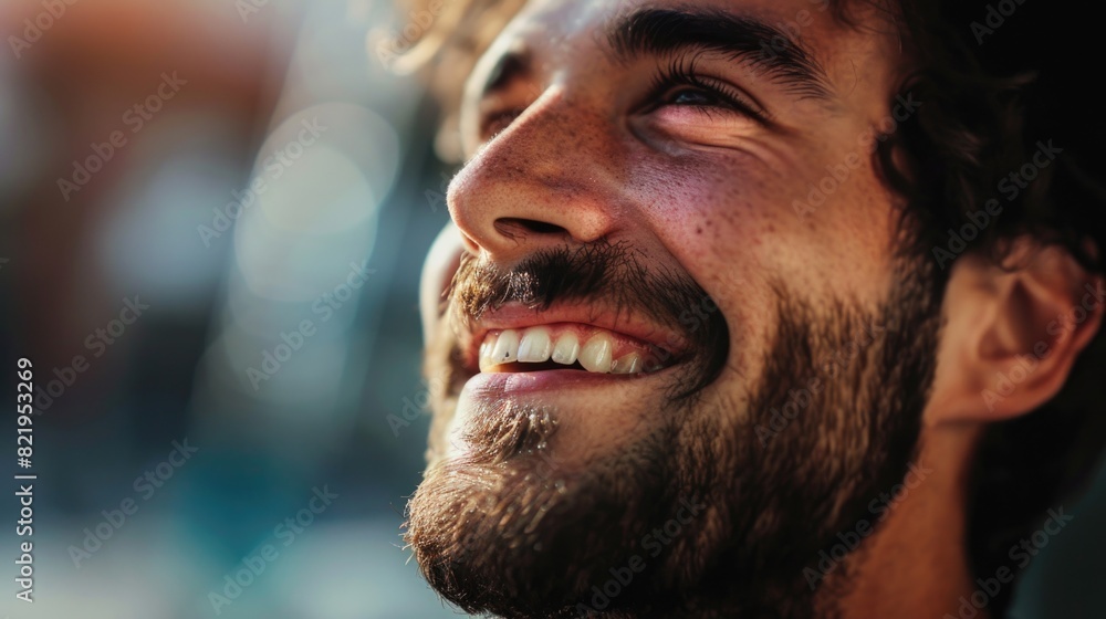 Aufkleber close-up of a man with a beard smiling, suitable for various projects