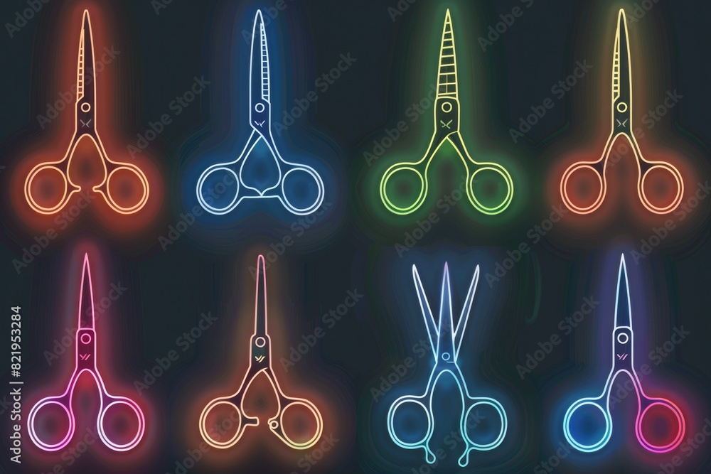 Poster bright neon colored scissors on a dark background. ideal for design projects