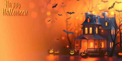 Halloween card, banner. 3D illustration of a creepy house and bats on an orange background with the inscription "Happy Halloween",