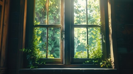 A unique view of plants growing out of an open window. Perfect for illustrating nature and urban living concepts