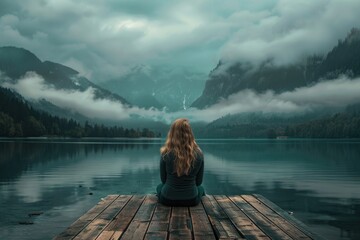 A woman sitting on a dock by a serene lake, suitable for travel and relaxation concepts - Powered by Adobe