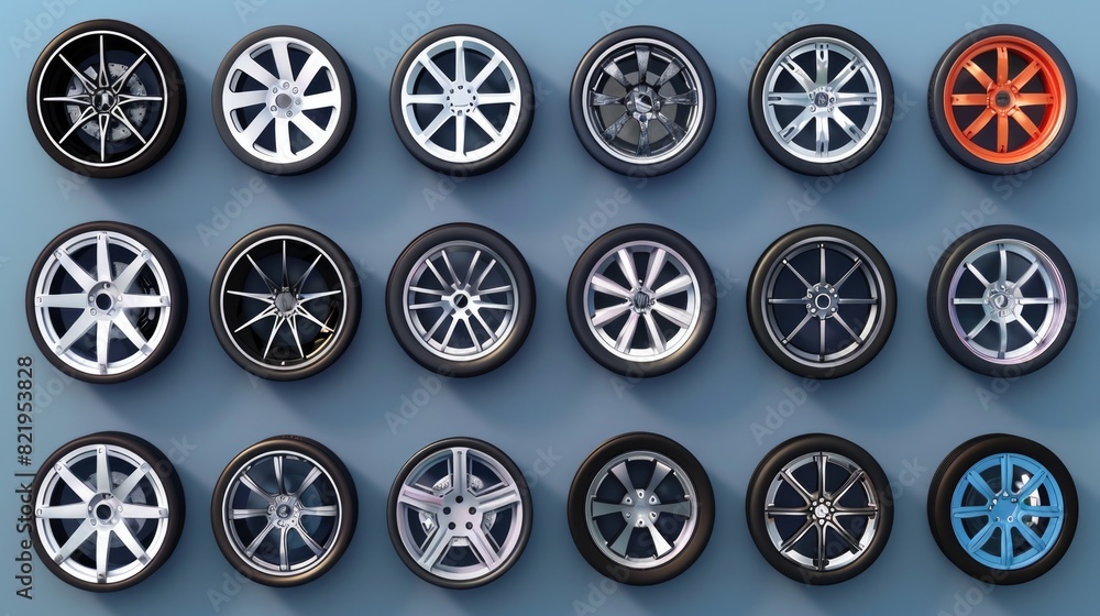 Poster Different types of wheels mounted on a wall. Can be used for industrial or transportation concepts