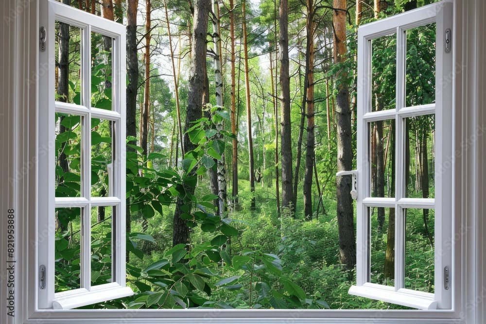 Aufkleber a view of a forest through an open window. perfect for nature-themed designs