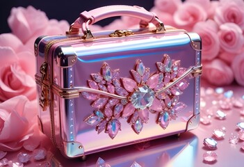 Holograficzny różowy ekskluzywny kuferek torebka z diamentami i naszytymi kryształami.