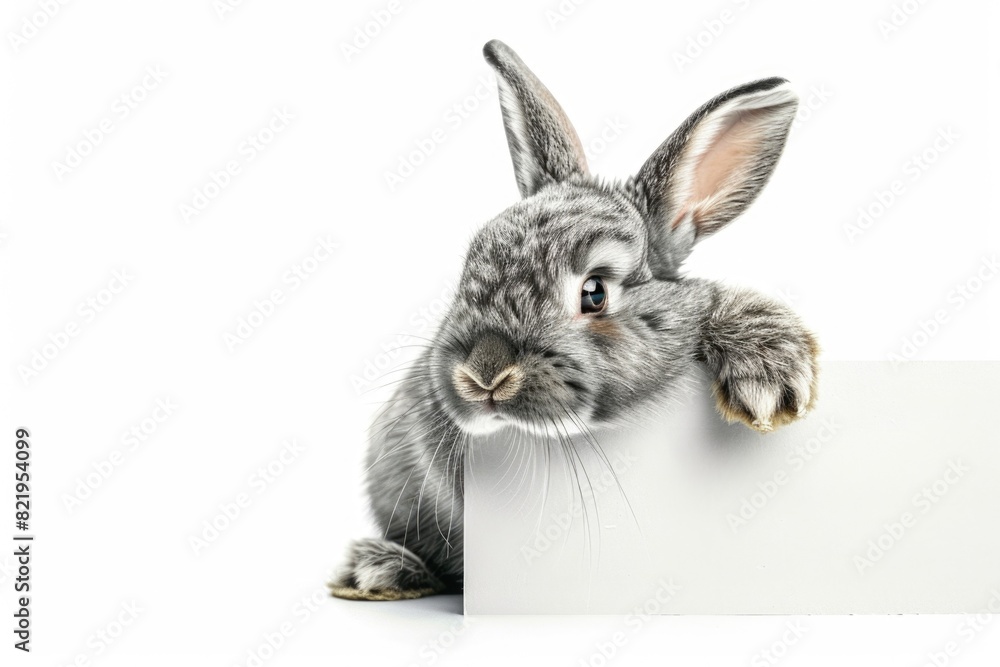 Poster curious rabbit peeking over a blank sign, perfect for adding your own message
