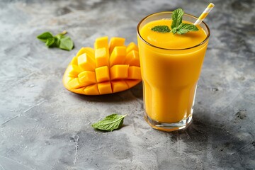 Refreshing tropical mango smoothie in a glass with fresh fruit, mint and straw on gray concrete background -