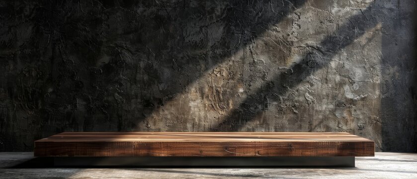 Wooden platform against dark textured wall with sunlight.