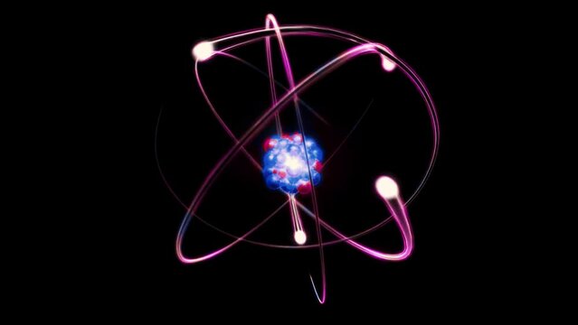 Atom with nucleus, neutrons, protons and electrons orbits glowing. Atomic structure. Concept of physics, science. 4K Animation of electrons orbiting