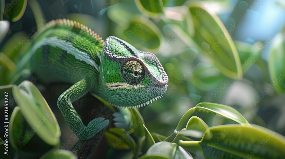 Poster a green chameleon perched on a tree branch. suitable for nature or wildlife concepts