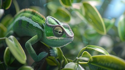 A green chameleon perched on a tree branch. Suitable for nature or wildlife concepts